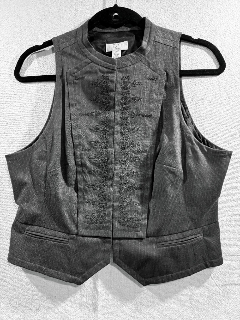 Ann Taylor LOFT Petites Embroidered Military Vest Charcoal Pinstripe 10P